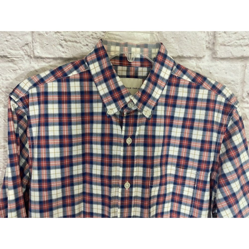 American Eagle Mens Shirt Small Button Down Red Blue White Plaid Cotton 8870 - Picture 3 of 7
